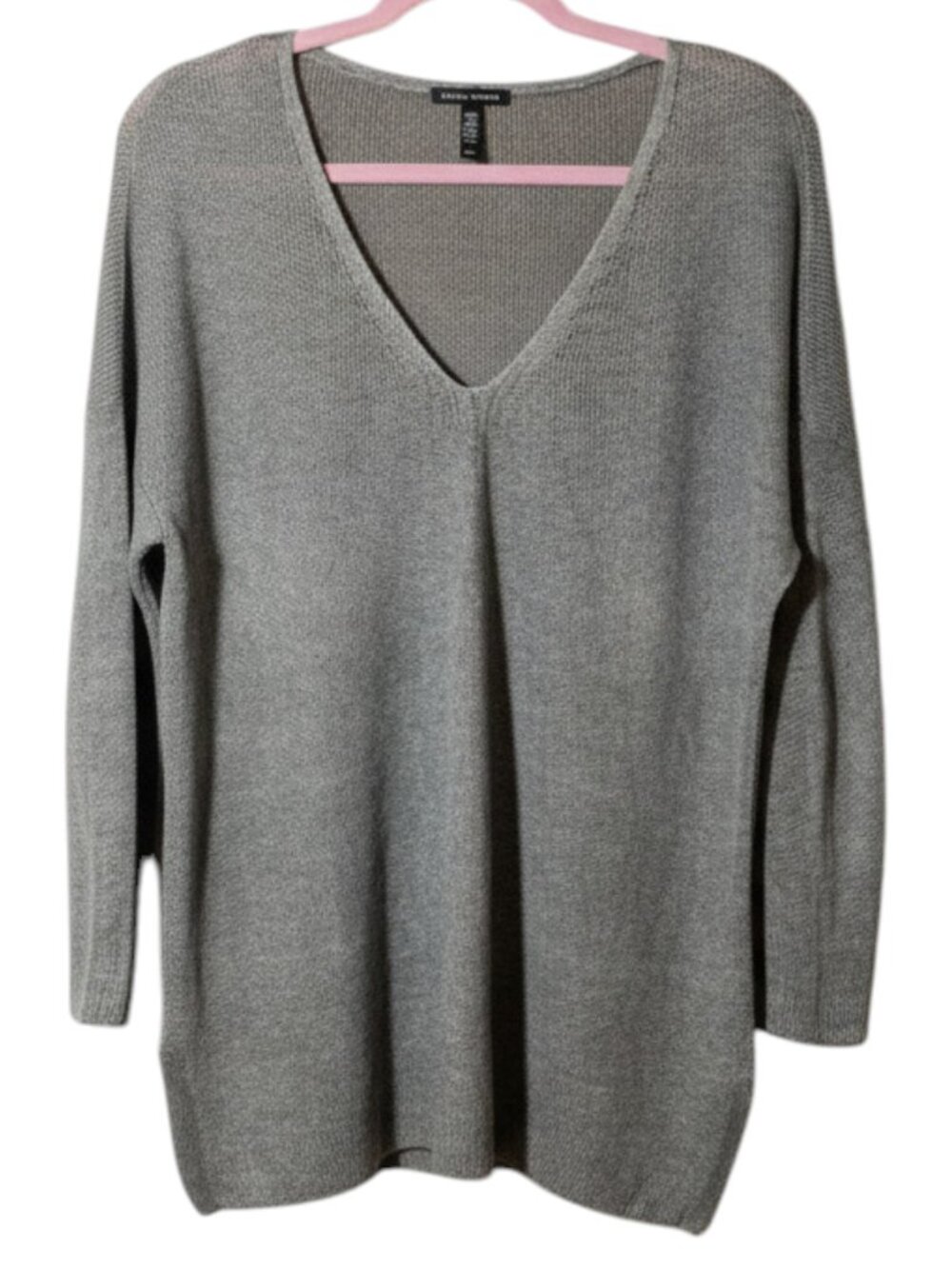 100% Linen Eileen Fisher V-Neck Top Size M Boxy Lagenlook Khaki Gray Loose Knit